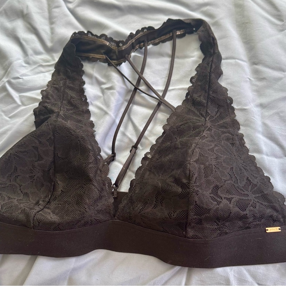 PINK Victoria's Secret Black Lace Wireless Bra with Plunging Neckline
